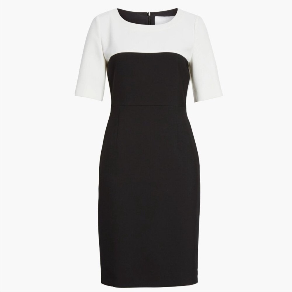 Hugo Boss Daina Colorblock Stretch Sheath Dress Black White Short Sleeve Size 10